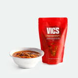 Red Vics package with a bowl of soup on a white background