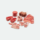 Meat for a Week family meat box with lamb cutlets, kofta, sausages, Angus beef patties and T-bone steaks