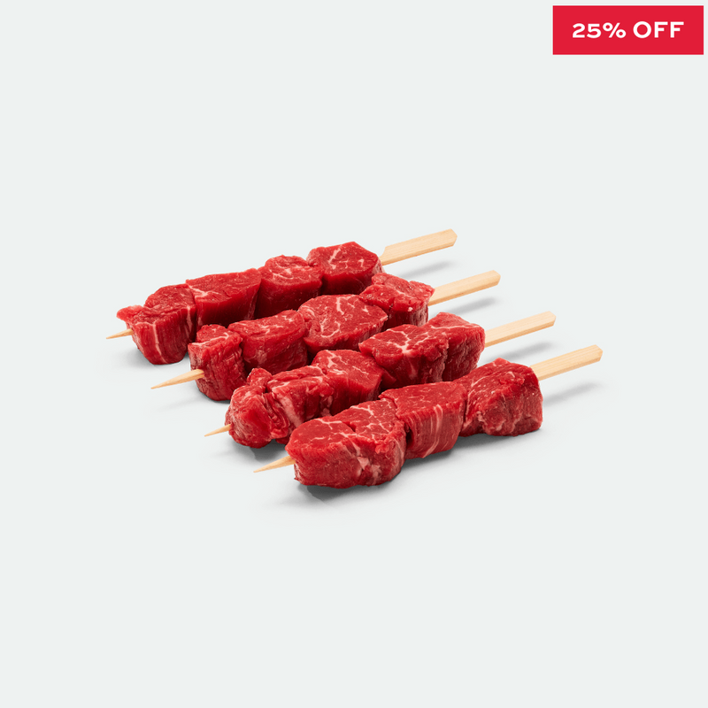 Grass fed beef eye fillet skewers 100g x4 pieces ready for grilling