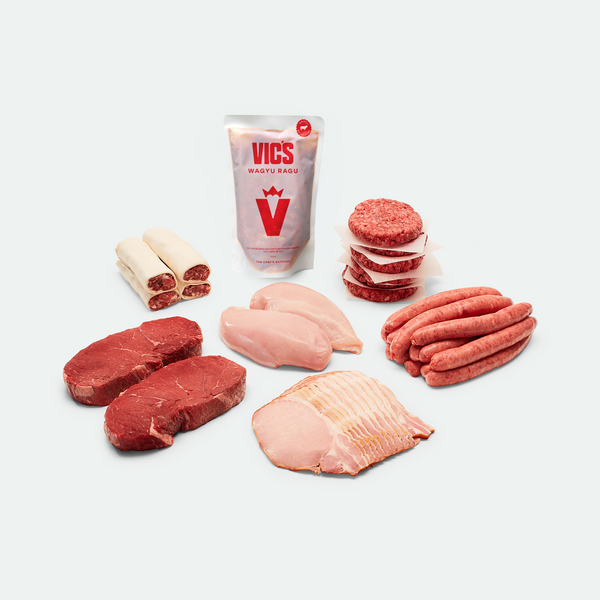The Essentials Meat Box with rump steak, sausages, Angus beef patties, chicken breast, bacon and wagyu ragu sauce