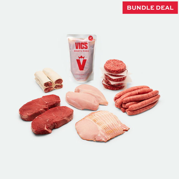The Essentials Meat Box with rump steak, sausages, Angus beef patties, chicken breast, bacon and wagyu ragu sauce