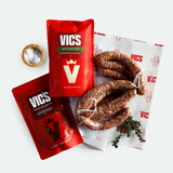 Vics branded sausages and packaging on a white background