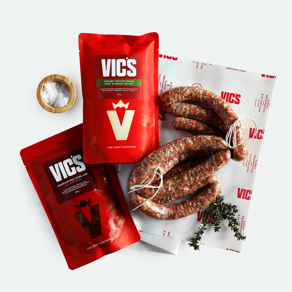 Vics branded sausages and packaging on a white background