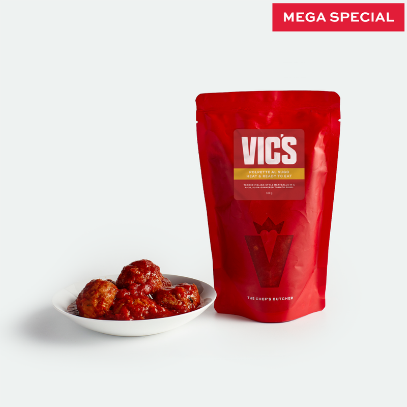 Red VICS package with meatballs on a white background