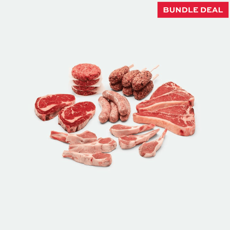 Meat for a Week family meat box with lamb cutlets, kofta, sausages, Angus beef patties and T-bone steaks