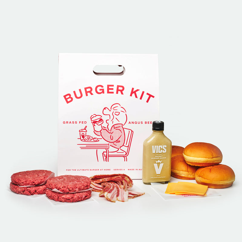 The Burger Kit with Angus beef patties, potato buns, bacon, American cheese and burger sauce