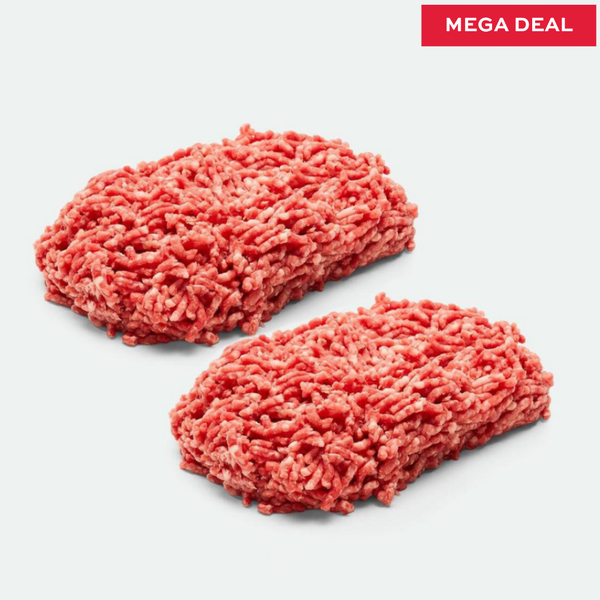Two portions of ground meat of Pork & Beef on a white background with a 'Mega Deal' label.