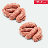 Two bundles of raw thick spicy italian style sausages on a white background with a 'Mega Deal' label.
