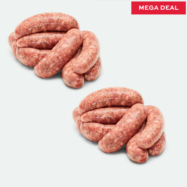 Two bundles of raw thick spicy italian style sausages on a white background with a 'Mega Deal' label.