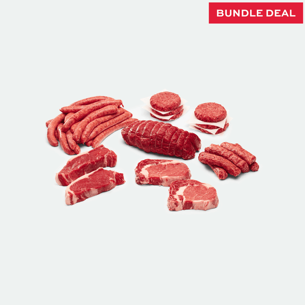 The Little VIC BBQ Bundle Box with steaks, sausages, burgers and rump roast beef