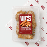 Pack of Vic's Southern Style Chicken Tenders in a clear tray with branded red label on Vic's butcher paper.