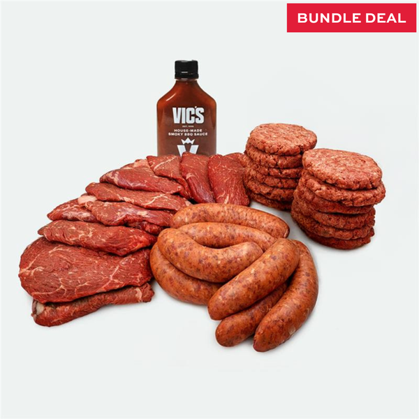 The Ultimate BBQ Feast Box with wagyu sausages, Angus sandwich steaks, burger patties and smoky BBQ sauce