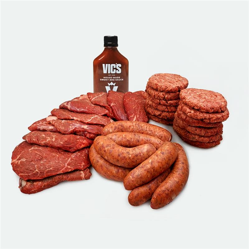 The Ultimate BBQ Feast Box with wagyu sausages, Angus sandwich steaks, burger patties and smoky BBQ sauce
