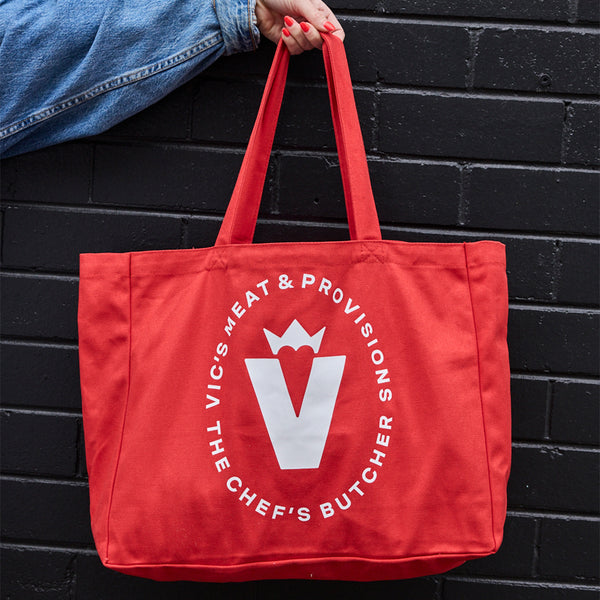 VIC’S branded red tote with logo detail