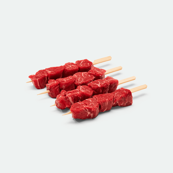 Grass fed beef eye fillet skewers 100g x4 pieces ready for grilling